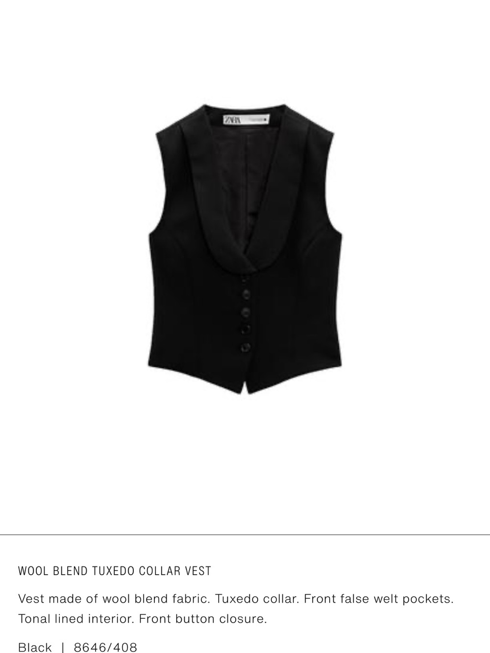 Zara Black Wool-Blend Tuxedo Collar Vest - Picture 4 of 4